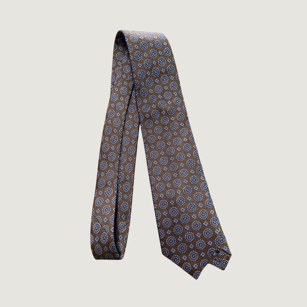 David Donahue 100% Silk Tie Brown Blue Medallion Geometric Print Handmade